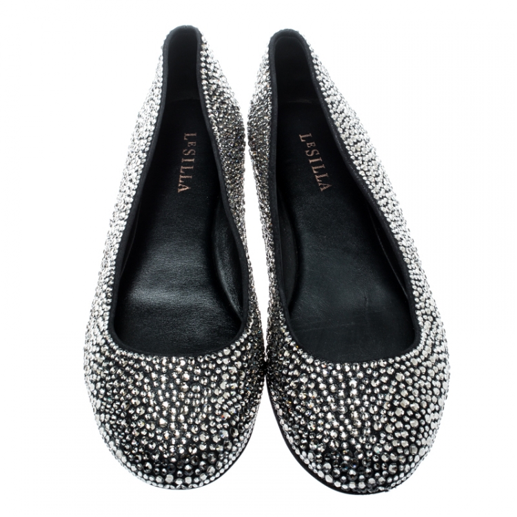 Pre Owned Le Silla Black Suede Crystal Embellished Ballet Flats Size 41