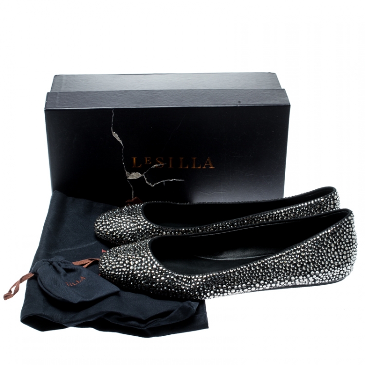 Pre Owned Le Silla Black Suede Crystal Embellished Ballet Flats Size 41