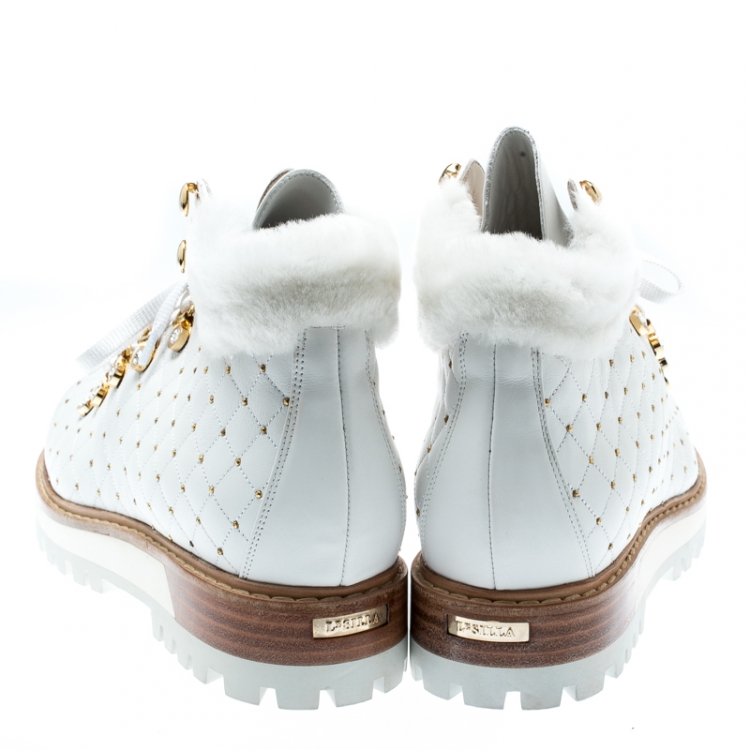 Pre Owned Le Silla St.Moritz White Quilted Leather Fur Lined Trekking Boots Size 41