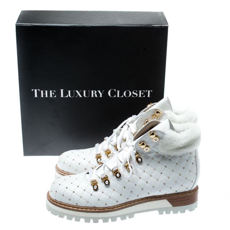 Pre Owned Le Silla St.Moritz White Quilted Leather Fur Lined Trekking Boots Size 41