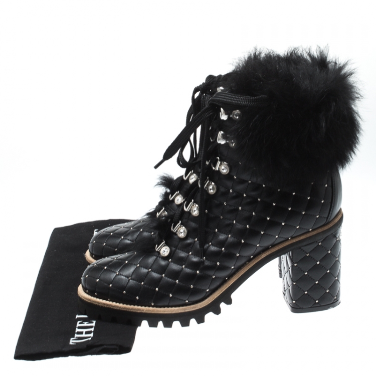 Pre Owned Le Silla St.Moritz Black Quilted Leather Fur Lined Block Heel Trekking Boots Size 40