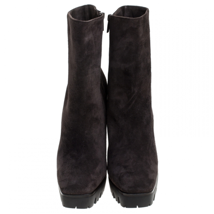 Pre Owned Le Silla Brown Suede Mid Calf Square Toe Platform Boots Size 38.5
