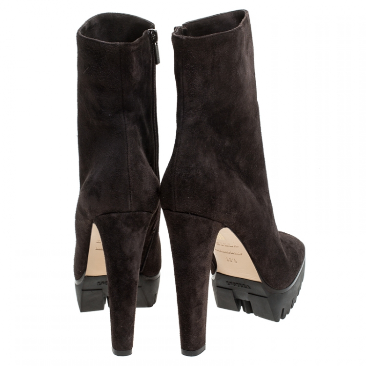 Pre Owned Le Silla Brown Suede Mid Calf Square Toe Platform Boots Size 38.5
