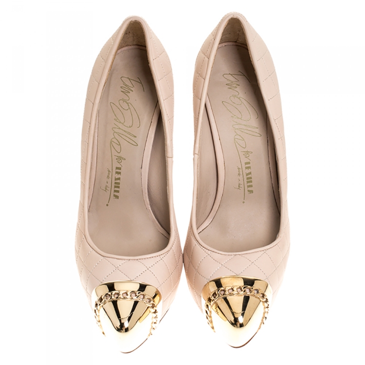 Pre Owned Le Silla Beige Quilted Leather Chain Detail Metal Cap Toe Platform Pumps Size 36.5