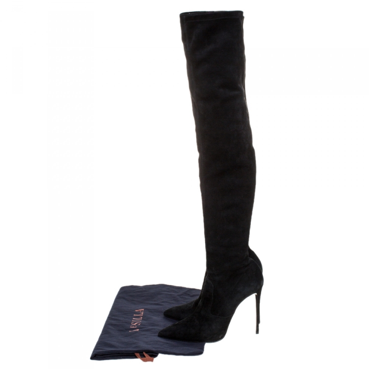Pre Owned Le Silla Black Suede Over The Knee Pointed Toe Boots Size 40