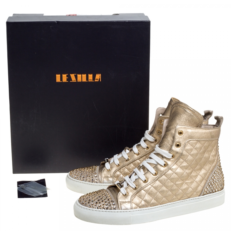 Pre Owned Le Silla Gold Quilted Leather and Suede Crystal Embellished Lace High Top Sneakers Size 41