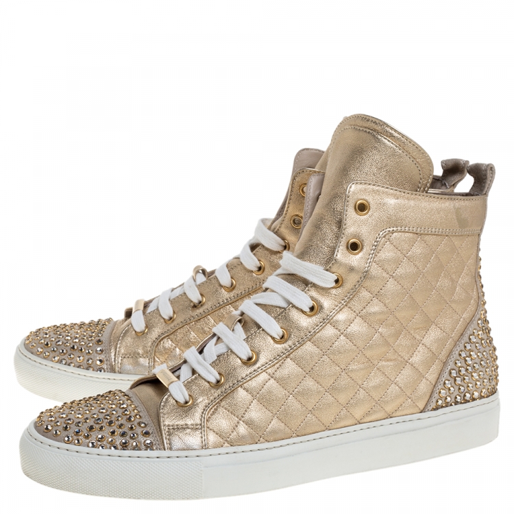 Pre Owned Le Silla Gold Quilted Leather and Suede Crystal Embellished Lace High Top Sneakers Size 41