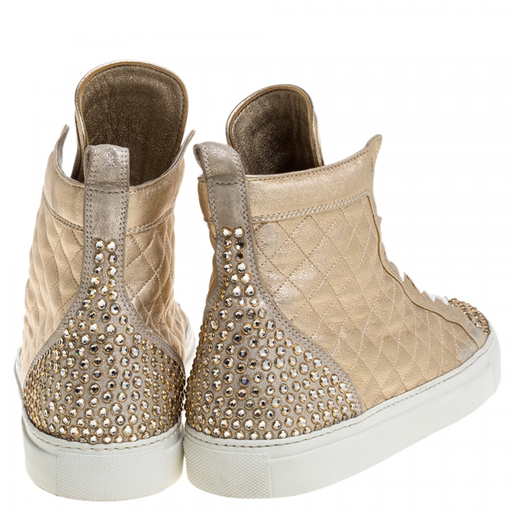 Pre Owned Le Silla Gold Quilted Leather and Suede Crystal Embellished Lace High Top Sneakers Size 41