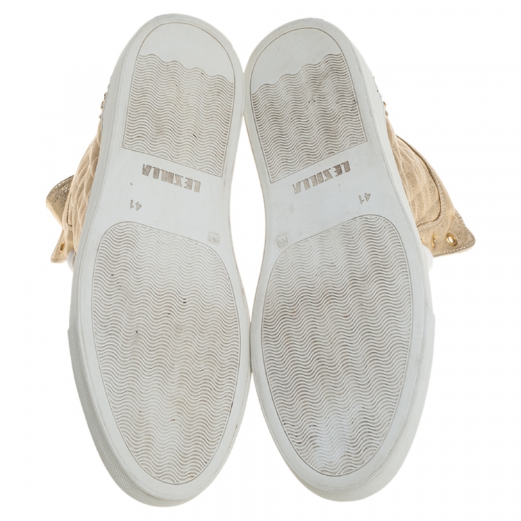 Pre Owned Le Silla Gold Quilted Leather and Suede Crystal Embellished Lace High Top Sneakers Size 41