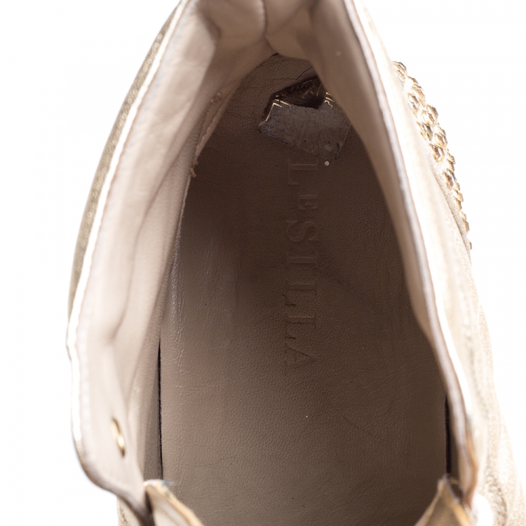 Pre Owned Le Silla Gold Quilted Leather and Suede Crystal Embellished Lace High Top Sneakers Size 41