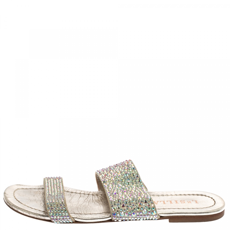 Pre Owned Le Silla Gray Leather Crystal Embellished Flat Size 38
