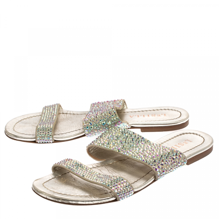 Pre Owned Le Silla Gray Leather Crystal Embellished Flat Size 38