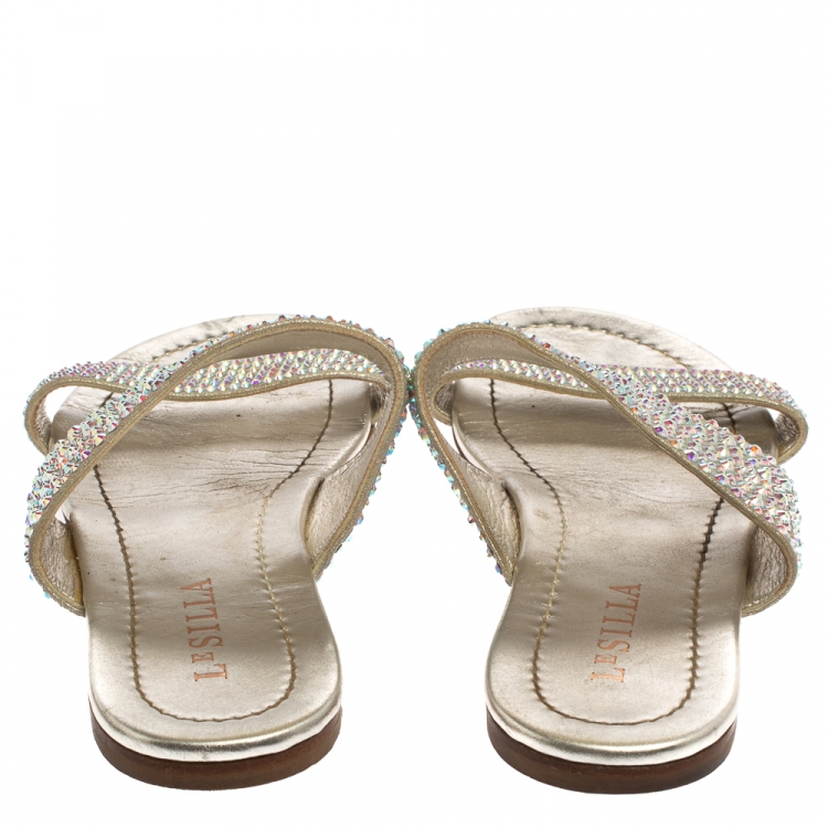 Pre Owned Le Silla Gray Leather Crystal Embellished Flat Size 38