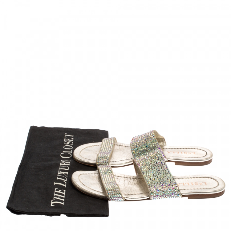 Pre Owned Le Silla Gray Leather Crystal Embellished Flat Size 38