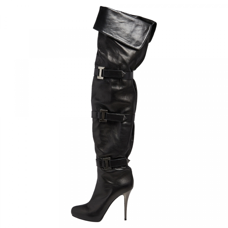 Pre Owned Le Silla Black Leather Studded Knee Length Boots Size 37.5