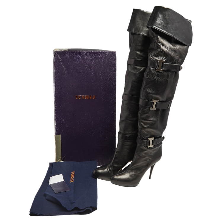 Pre Owned Le Silla Black Leather Studded Knee Length Boots Size 37.5