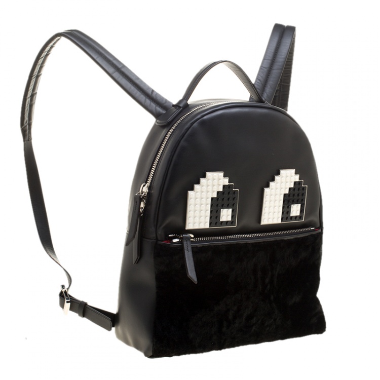 Pre Owned Les Petits Joueurs Black Leather and Fur Mick Eyes Backpack