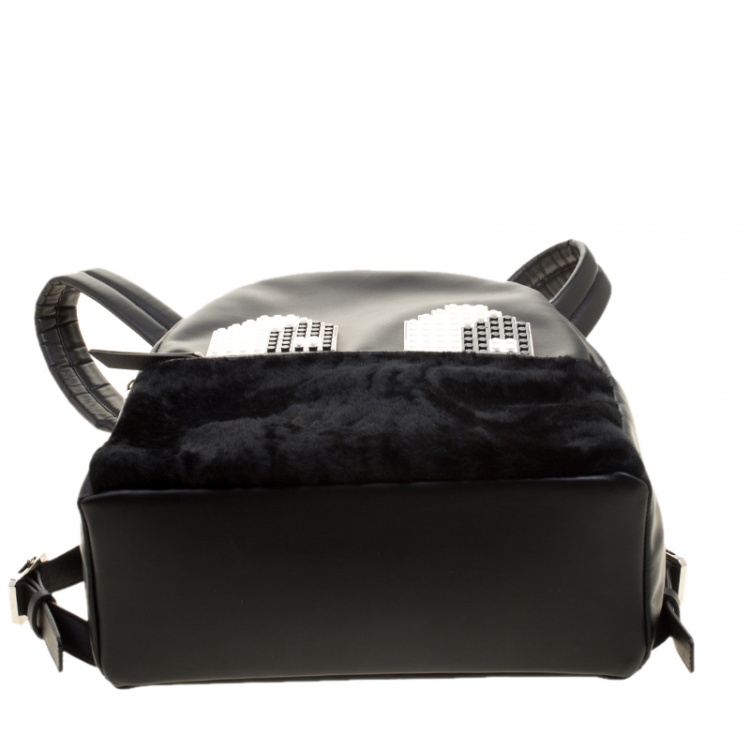 Pre Owned Les Petits Joueurs Black Leather and Fur Mick Eyes Backpack