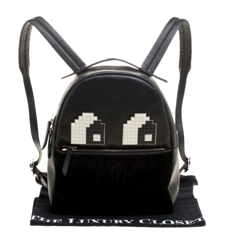 Pre Owned Les Petits Joueurs Black Leather and Fur Mick Eyes Backpack