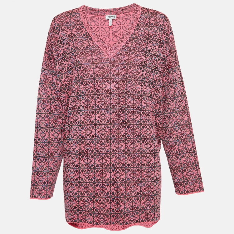Pre Owned Loewe Pink Anagram Knit V-Neck Oversized Sweater XS