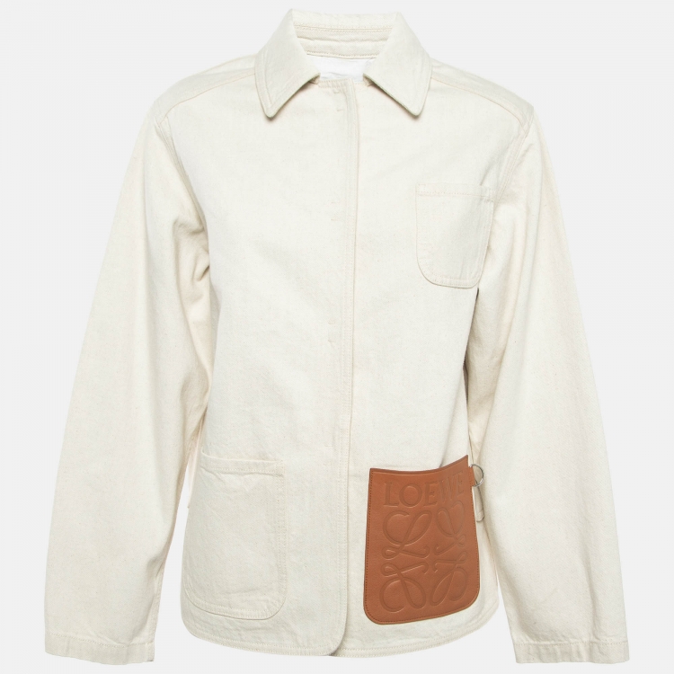 Pre Owned Loewe Off White Leather Trim Denim Workwear Jacket M