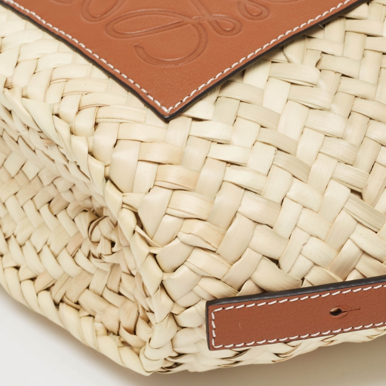 Pre Owned Loewe Brown/Natural Raffia and Leather Mini Basket Shoulder Bag