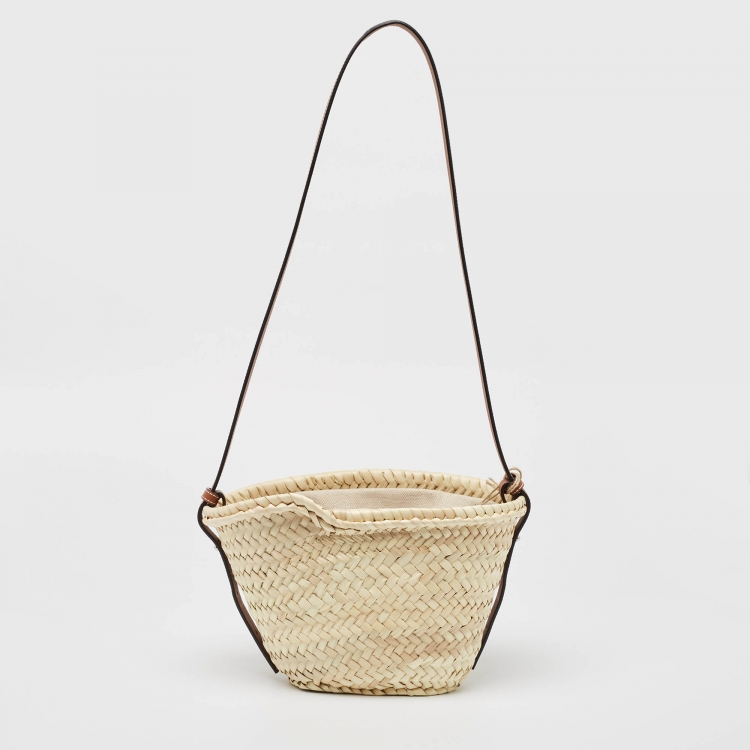 Pre Owned Loewe Brown/Natural Raffia and Leather Mini Basket Shoulder Bag