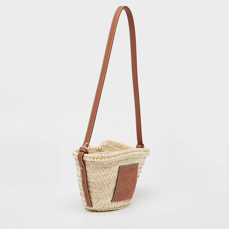Pre Owned Loewe Brown/Natural Raffia and Leather Mini Basket Shoulder Bag