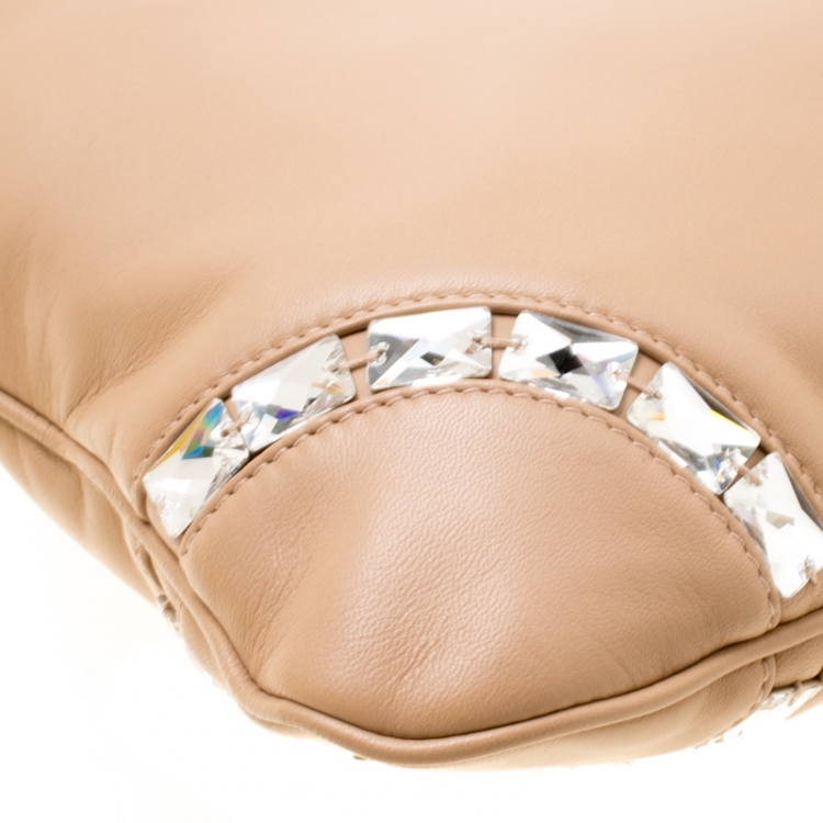 Pre Owned Loewe Beige Leather Crystal Embellished Tote