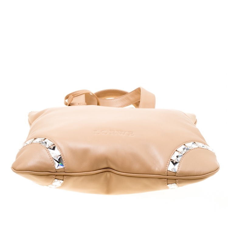 Pre Owned Loewe Beige Leather Crystal Embellished Tote