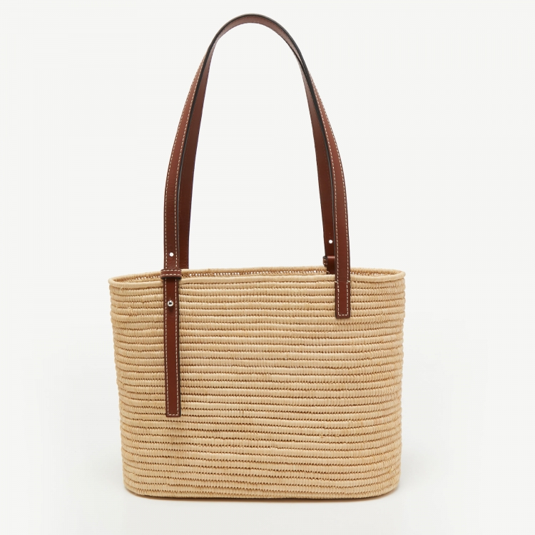 Pre Owned Loewe Beige/Tan Raffia and Leather Small Square Basket Bag