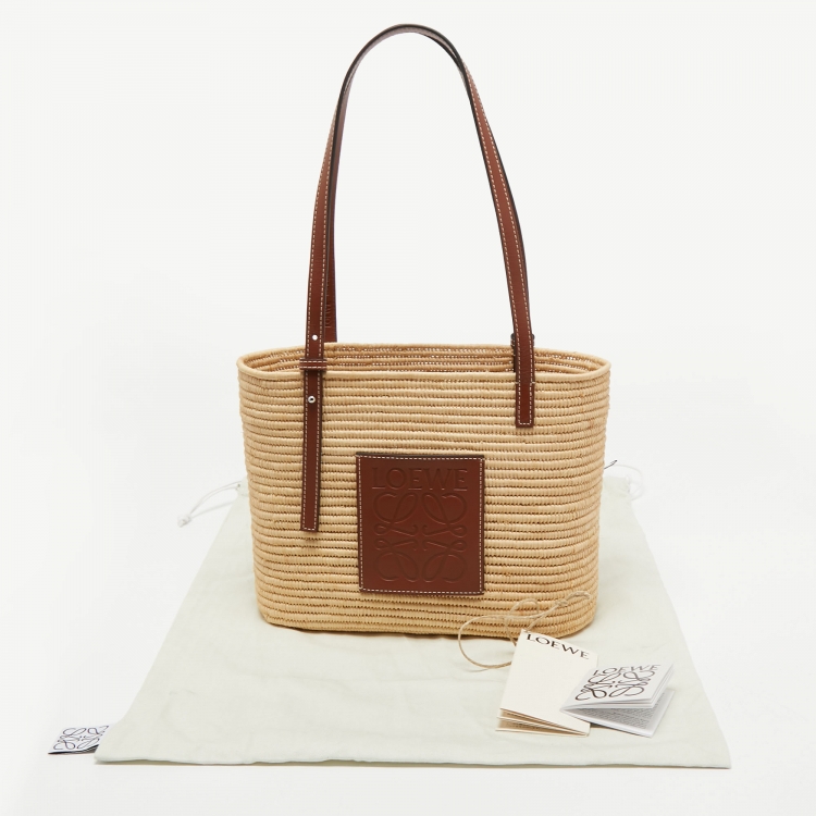 Pre Owned Loewe Beige/Tan Raffia and Leather Small Square Basket Bag