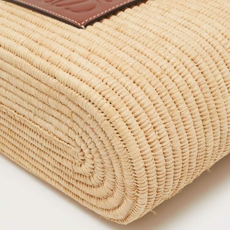 Pre Owned Loewe Beige/Tan Raffia and Leather Small Square Basket Bag