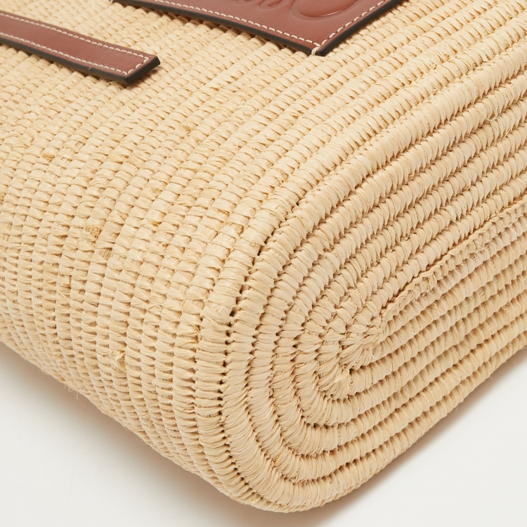 Pre Owned Loewe Beige/Tan Raffia and Leather Small Square Basket Bag