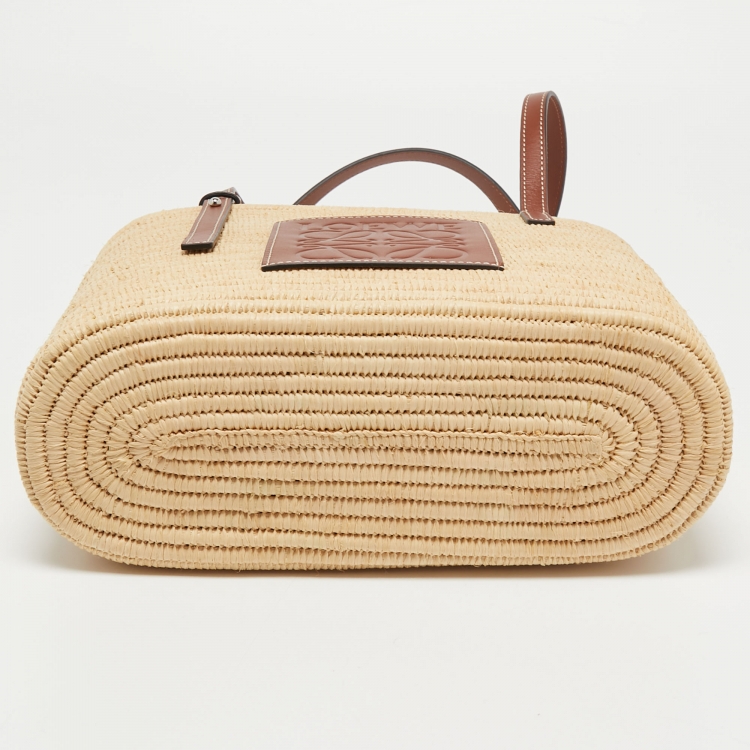 Pre Owned Loewe Beige/Tan Raffia and Leather Small Square Basket Bag