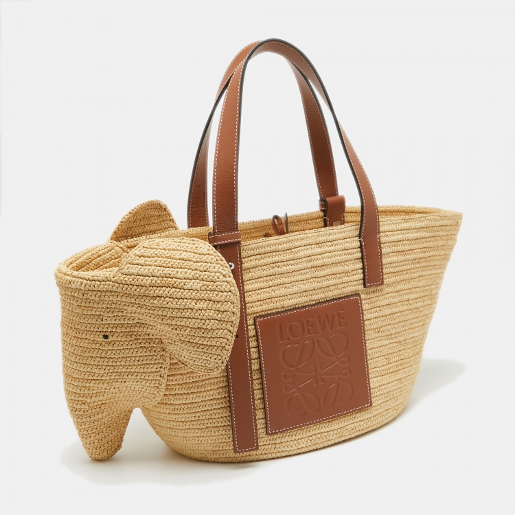 Pre Owned Loewe Brown/Natural Palm Leaf and Leather Elephant Basket Tote