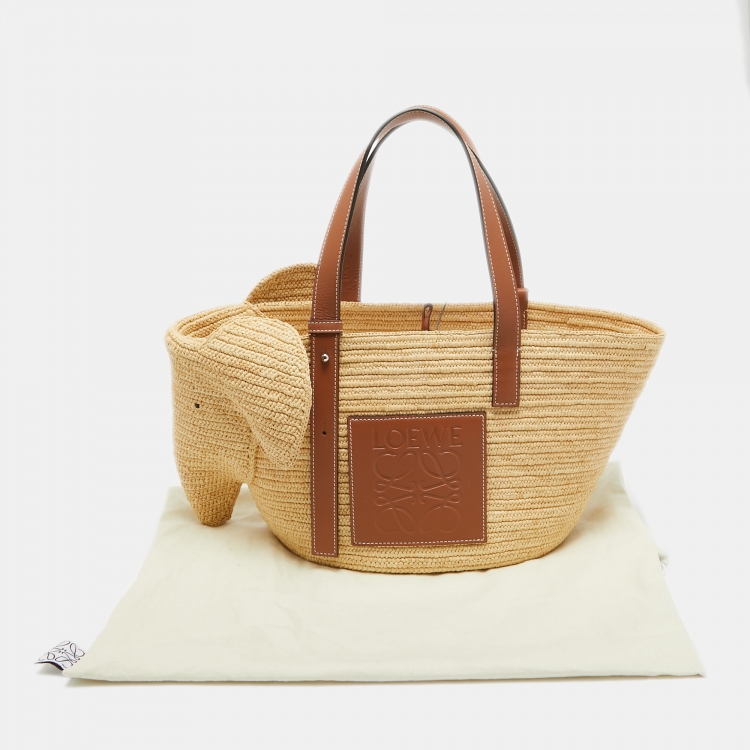 Pre Owned Loewe Brown/Natural Palm Leaf and Leather Elephant Basket Tote