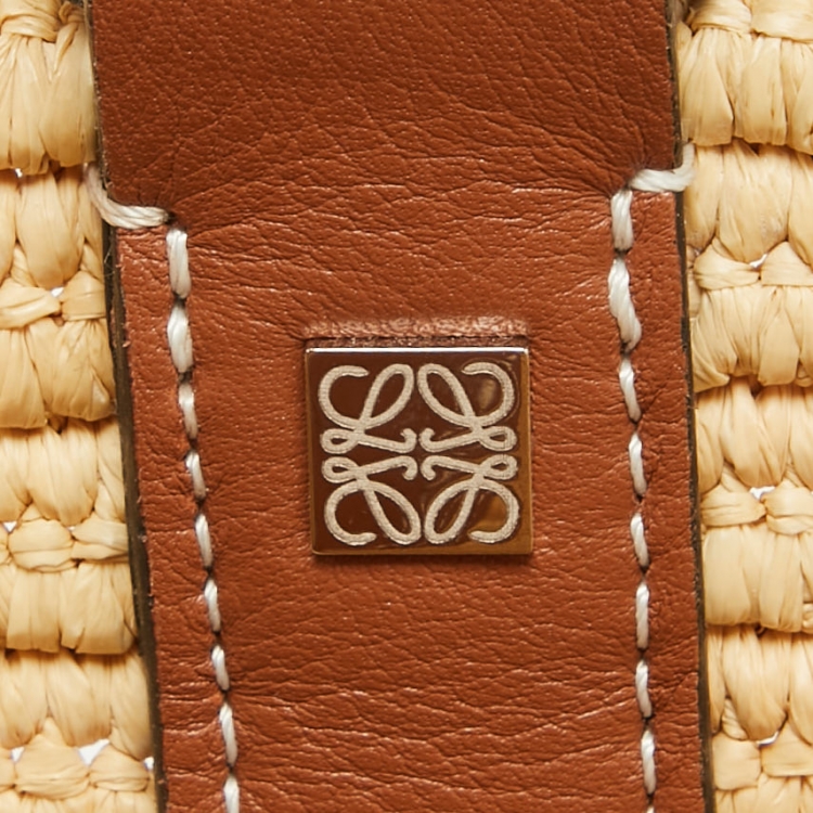 Pre Owned Loewe Brown/Natural Palm Leaf and Leather Elephant Basket Tote