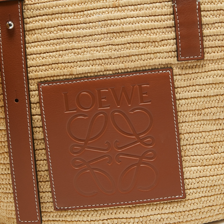 Pre Owned Loewe Brown/Natural Palm Leaf and Leather Elephant Basket Tote