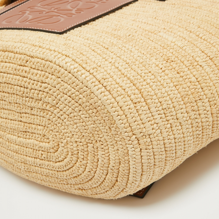 Pre Owned Loewe Brown/Natural Palm Leaf and Leather Elephant Basket Tote