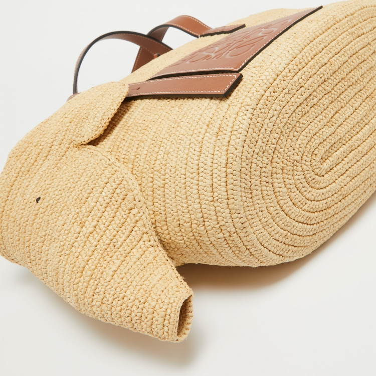 Pre Owned Loewe Brown/Natural Palm Leaf and Leather Elephant Basket Tote