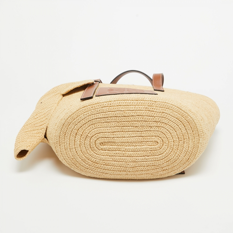 Pre Owned Loewe Brown/Natural Palm Leaf and Leather Elephant Basket Tote