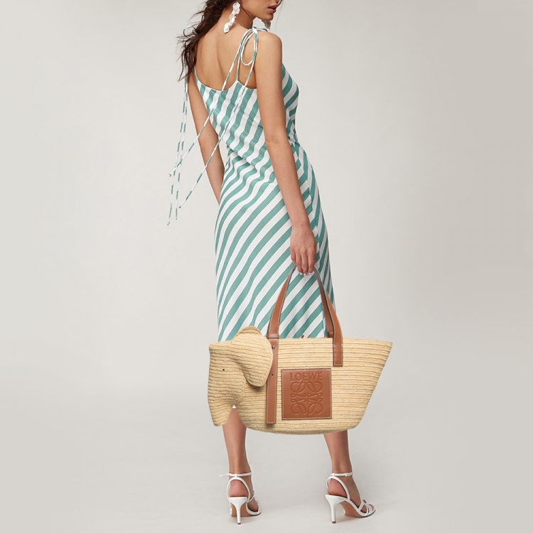 Pre Owned Loewe Brown/Natural Palm Leaf and Leather Elephant Basket Tote