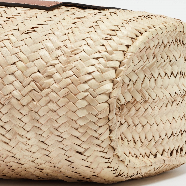 Pre Owned Loewe Beige/Brown Raffia and Leather Basket Tote