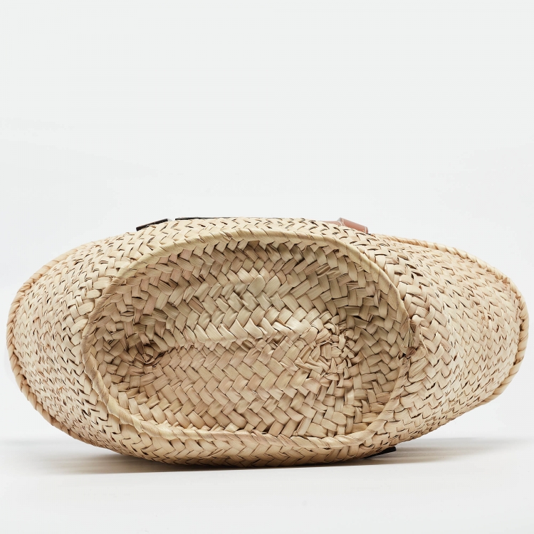 Pre Owned Loewe Beige/Brown Raffia and Leather Basket Tote