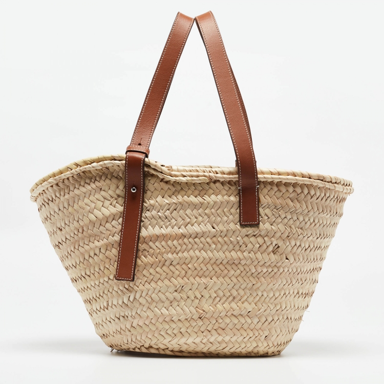 Pre Owned Loewe Beige/Brown Raffia and Leather Basket Tote