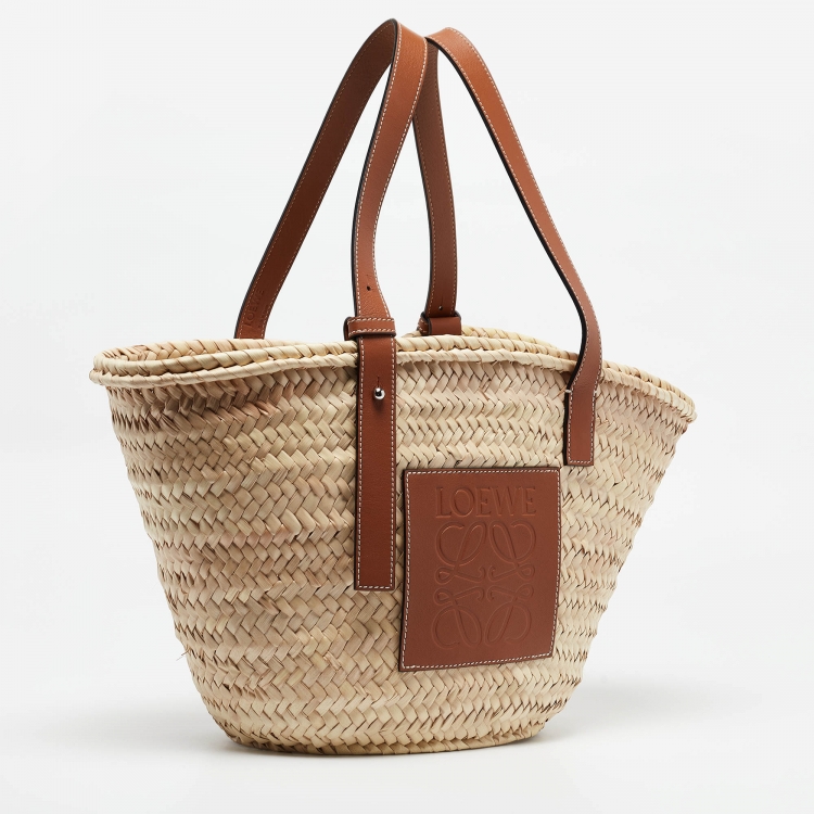 Pre Owned Loewe Beige/Brown Raffia and Leather Basket Tote