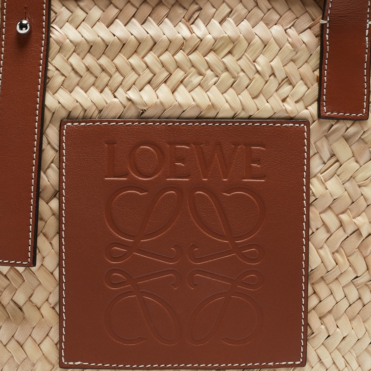 Pre Owned Loewe Beige/Brown Raffia and Leather Basket Tote