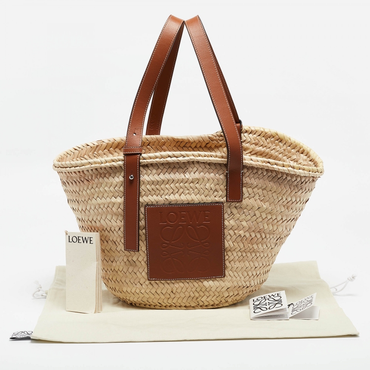Pre Owned Loewe Beige/Brown Raffia and Leather Basket Tote