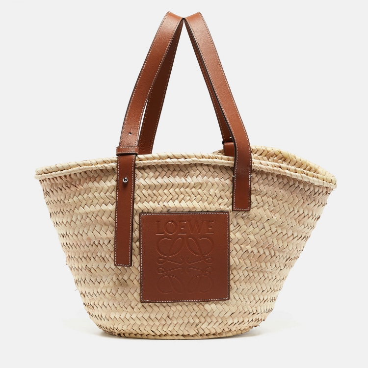 Pre Owned Loewe Beige/Brown Raffia and Leather Basket Tote